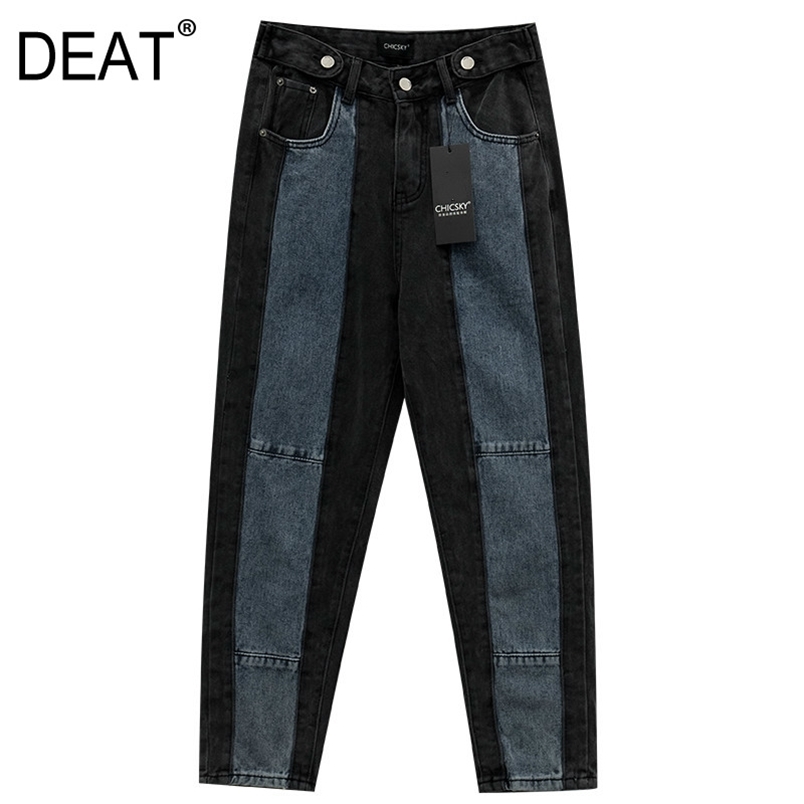 

[DEAT] Spliced Hit Color Pocket Wide Leg Jeans High Waist Loose Women Trousers Fashion Spring Autumn 13P307 210708, Black