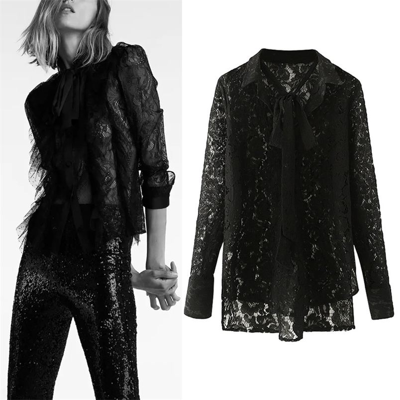 

Black Lace Blouse Women Bow Tied Collared Sexy Semi Sheer Long Sleeve Top Woman Embroidery Flower Elegant 210519
