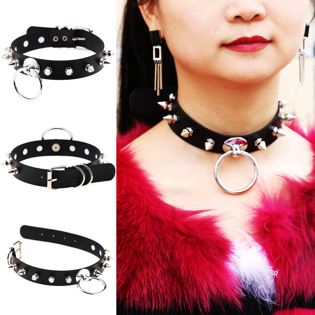 

Personality Exaggerated European and American Style Round Ring Leather Collar Necklace Street Nightclub Rivet Spiked Neckband Neckband
