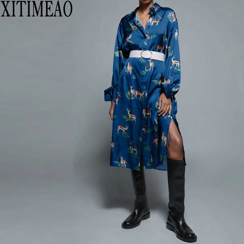 

ZA Autumn Office Lady Button Print Shirt Dresses Fashion Casual Long Sleeve Party Women Lace-Up Belt Vestidos 210604, Blue