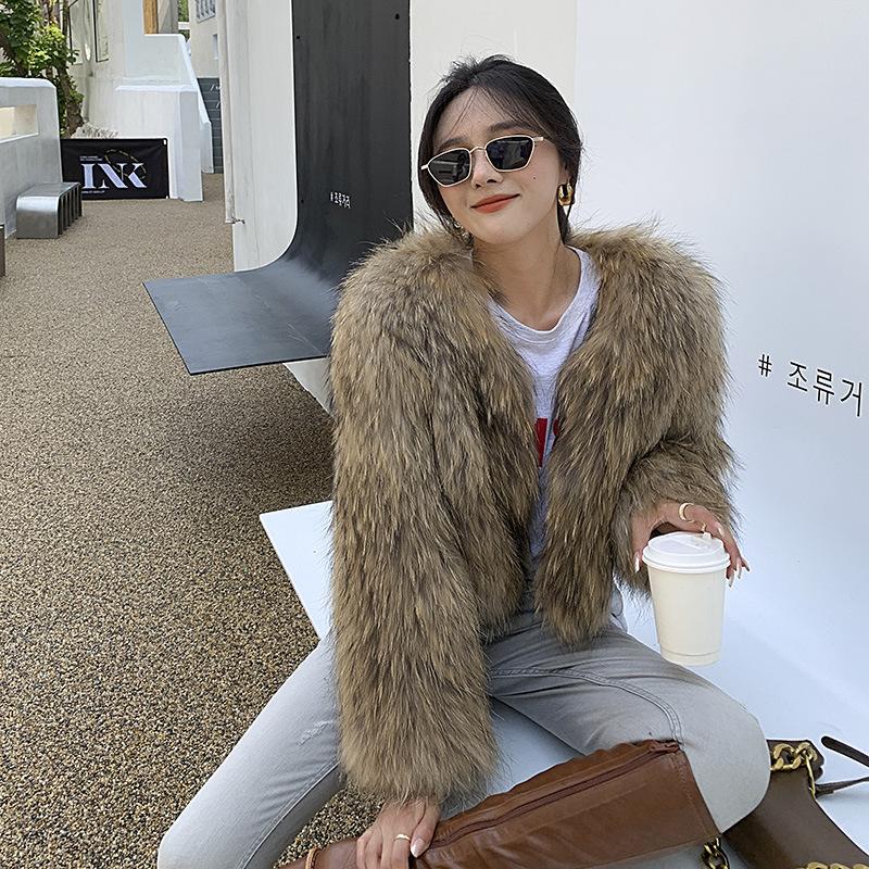 

Women's Fur & Faux Fashion Luxury Long Sleeve Cropped Sexy Soft Hair Real Raccon Coats And Jackets YN04, Black