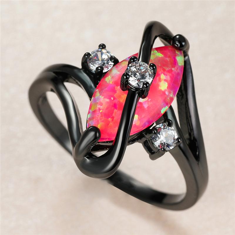 

Cute Female Pink Opal Stone Ring Charm 14KT Black Gold Wedding Rings For Women Promise White Round Zircon Engagement