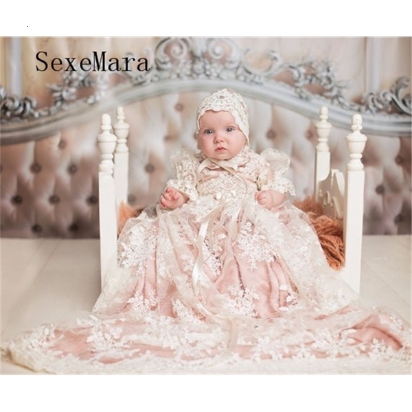 Girl&#039;s Dresses New Baby Girls Christening Baptism Dress Infant Toddler Clothes Lace Applique Blush Heirloom Gown set with Headpiece 1026-image-692209178