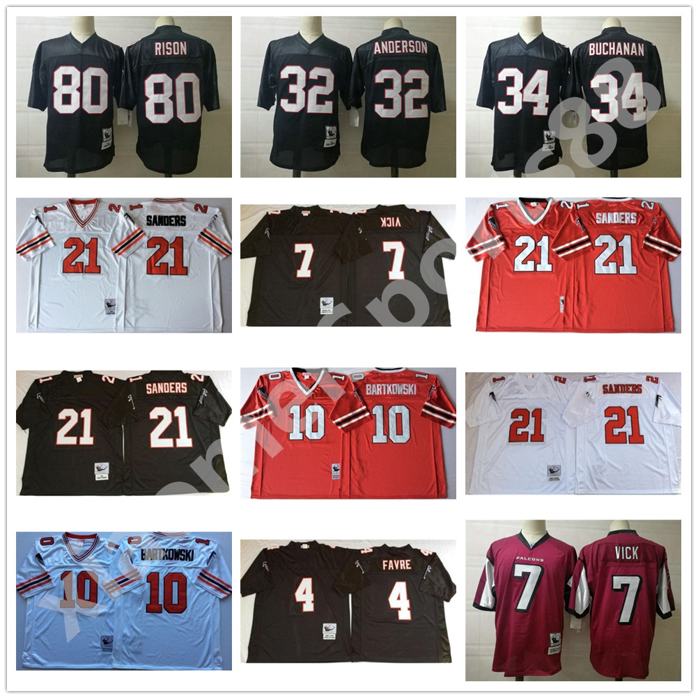 

NCAA Vintage Retro Football Jerseys #21 Deion Sanders Brett Favre 7 Michael Vick 10 Bartkowski 56 Brooking 80 Rison Buchanan 32 Anderson Jersey, As shown in illustration