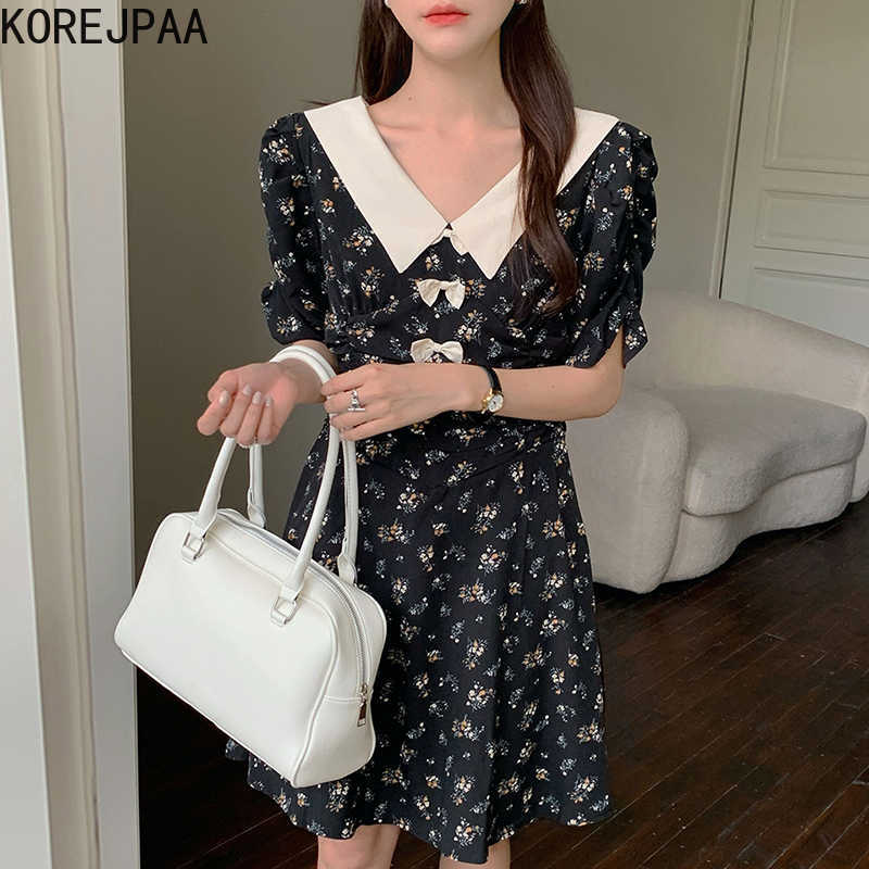 

Korejpaa Women Dress Summer Korean Fashion Chic Retro Temperament Lapel Stitching Bow Pleated Floral Short Sleeve Dresses 210526, Apricot
