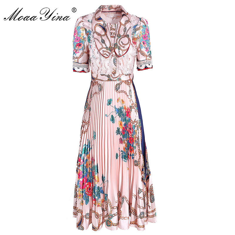 

Fashion Designer dress Summer Women' Dress Short sleeve Bow collar Lace Print Vintage Pleated Dresses 210524, Multi