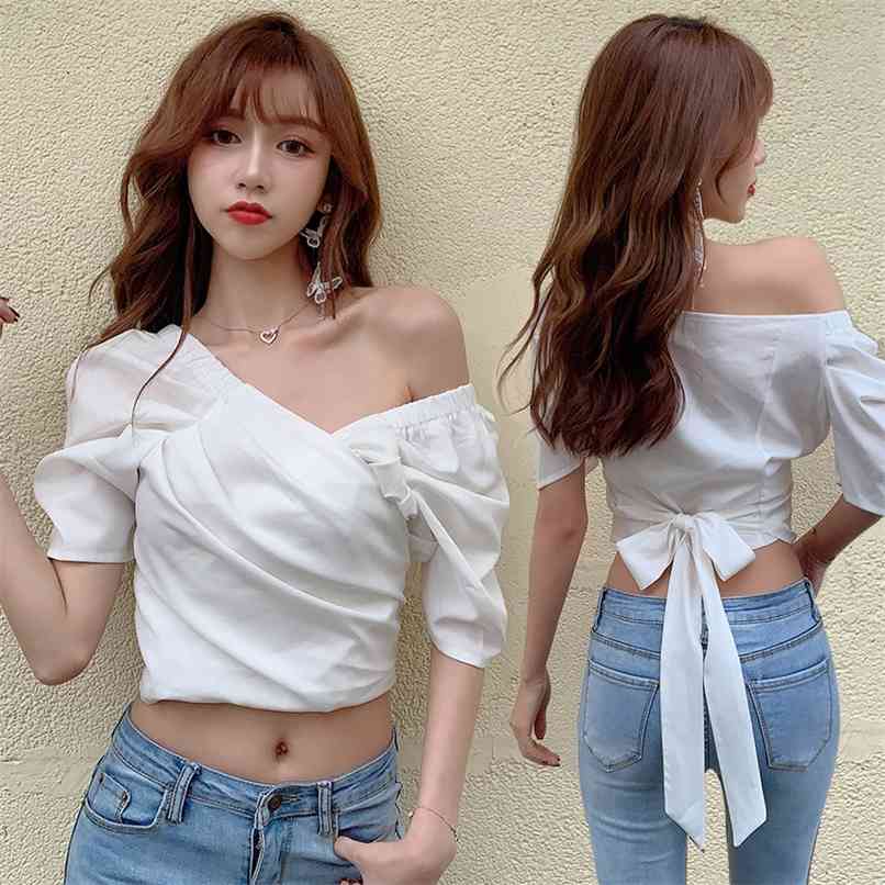 

Sexy Off shoulder Puff sleeve Cropped Tops Summer Folds Wrap Lace-Up Bow Solid Fashion Blouse Women' 210602, Yellow