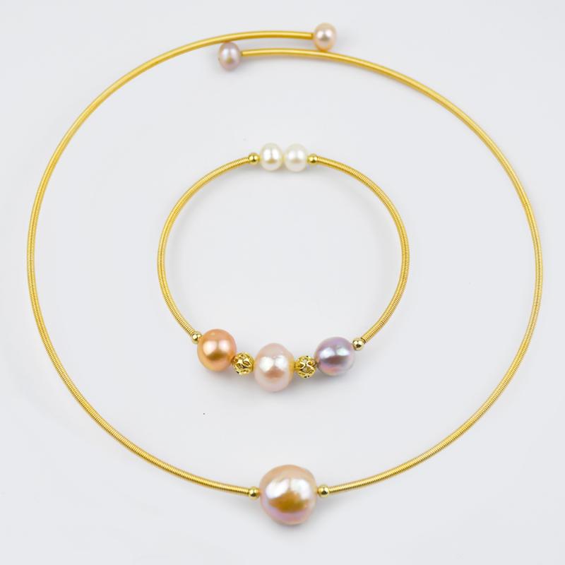 

Pendant Necklaces Freshwater Pearl Choker And Bangle Set Delicate 14K Gold Color Solid Easy Wearing Jewelry For Women