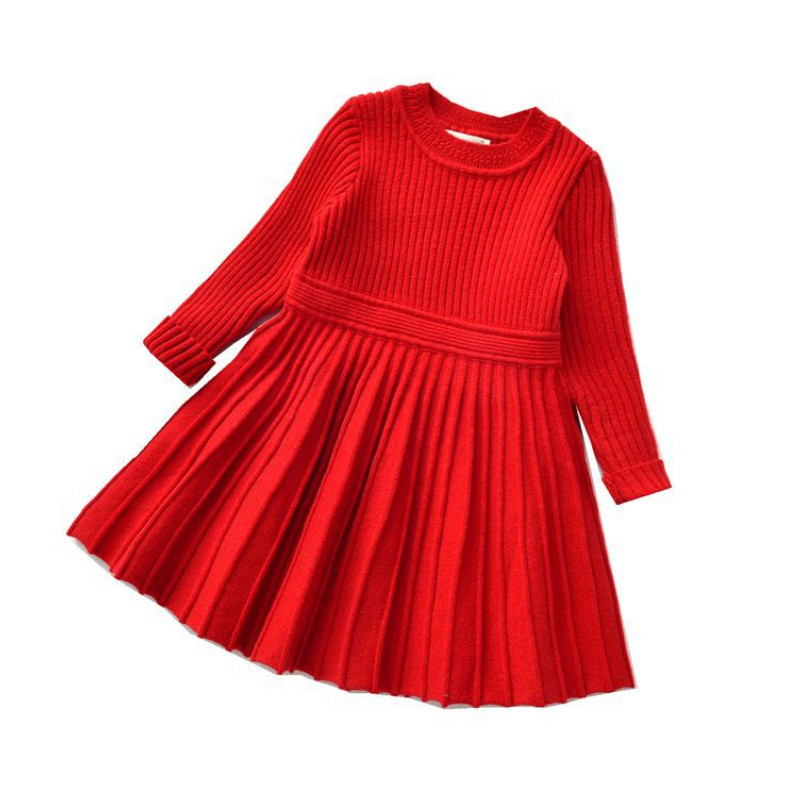 

Xmas Girls Red knitting dresses Autumn Winter Children round collar knitted long sleeve clothing kids sweater pleated dress A5053, Pink
