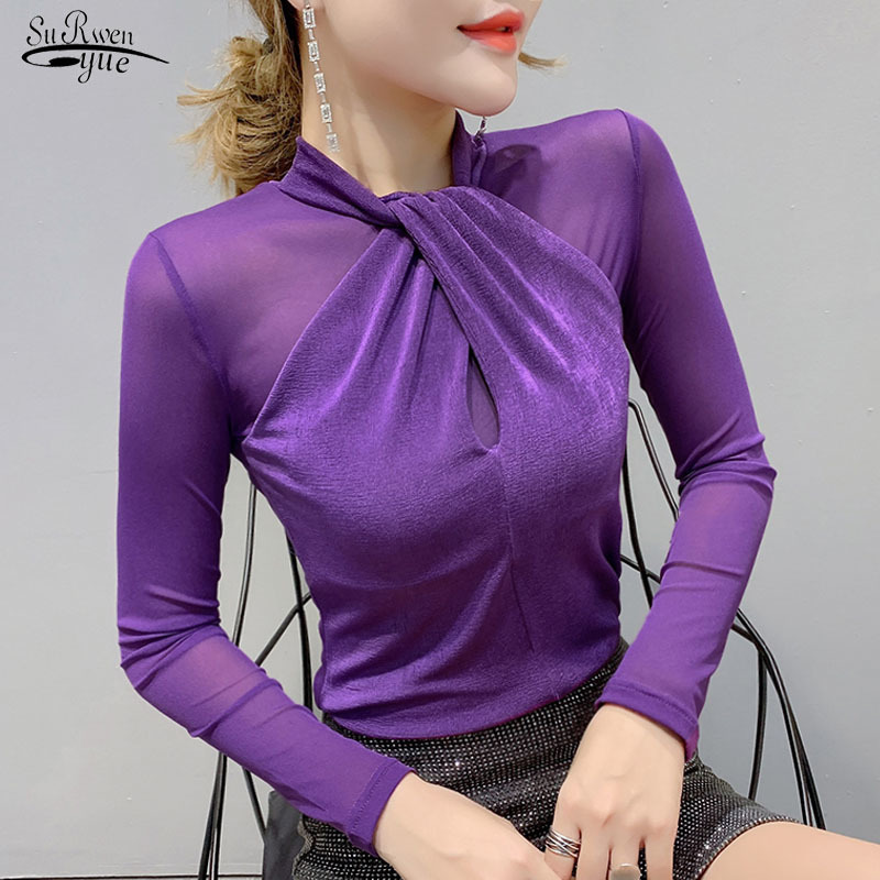 Chemisier Femme Mesh Long Sleeve Solid Women Blouse Tops Casual Slim Fit O-Neck Shirt Clothes Autumn 7300 50 210508
