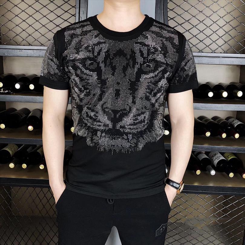 

fashion diamond tiger head men t shirt summer short sleeve streetwear casual o neck tee homme, White;black