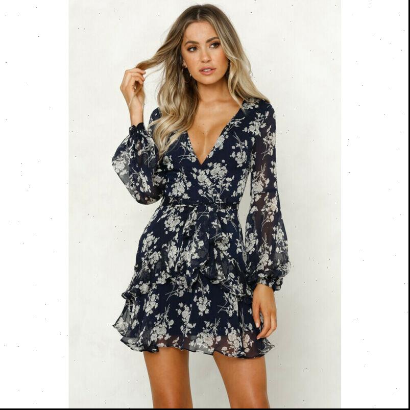 

summer boho floral short mini womens sleepwears dress long sleeve v neck holiday party beach sundress, Black;red