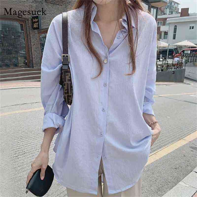 

Plus Size Korean Style Vintage Cardigan Mid-length White Shirt Women Spring Autumn Long Sleeve Satin Loose Blouse 12290 210518, Blue