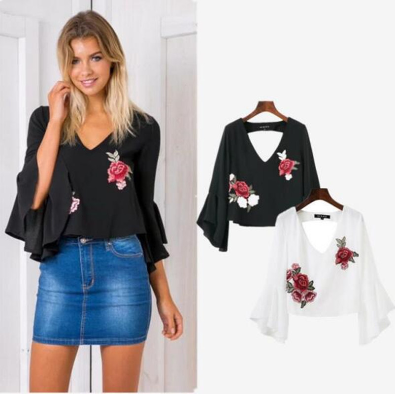 

Women' Blouses & Shirts Women summer flower embroidery blouse tops Fashion Flare Bell Sleeve 3/4 sleeve sexy V-neck loose chiffon, White