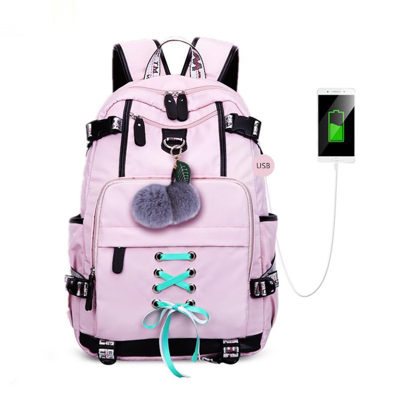 

High School Bags For Teenage Girls Large Backpack Female Travel Laptop 15.6 Usb Charge Bag Plush Ball Gift