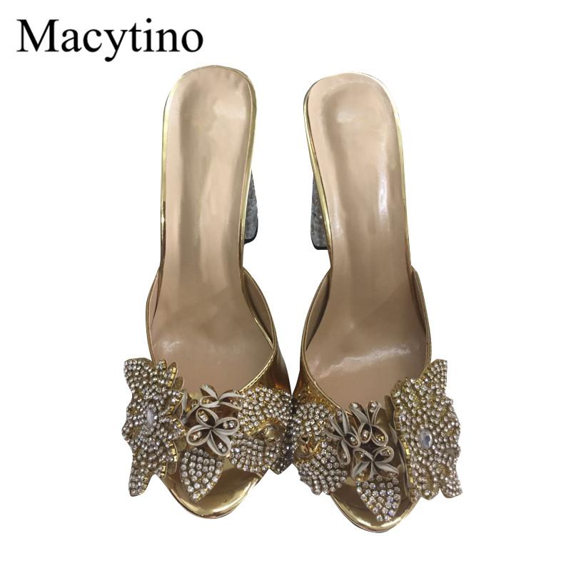 

Slippers 10cm Crystal Chunky Heel Gold Mules Summer Leather Dress Shoes Women Beading Flower High, Black