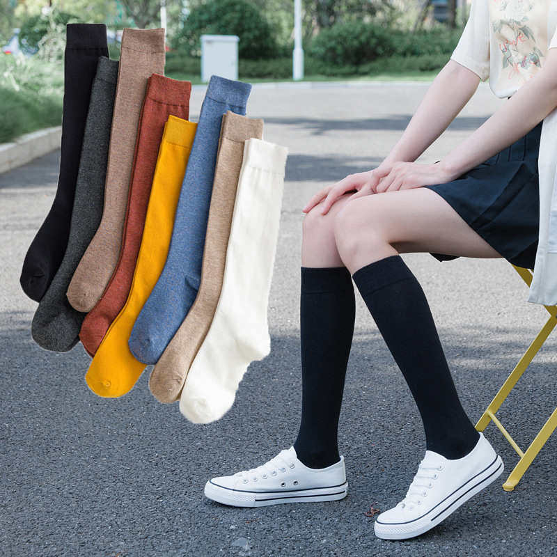 

Cotton Ladies Knee High soild color Socks Women student Socks School Party street dancing knee sock 2021, Black