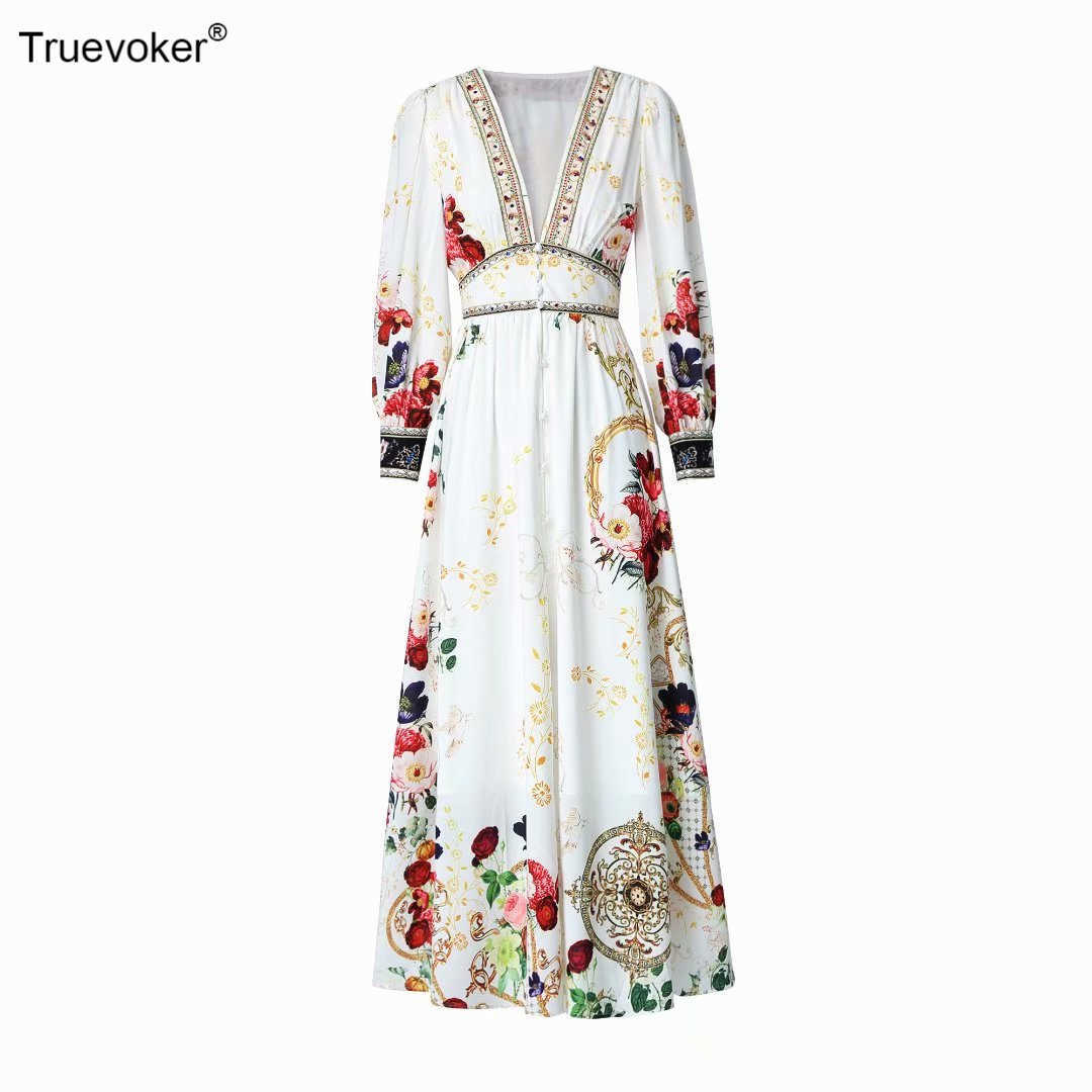 

Truevoker Spring Runway Fashion Maxi Long Vocation Dress Lady Sexy V-neck Flower Print Crystal Beading Prom Robe 210602, White