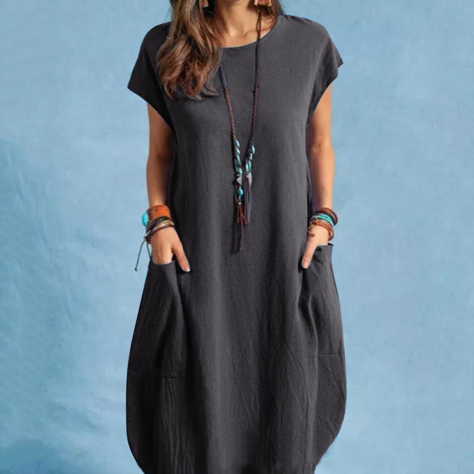 

harajuku elegant casual o neckline women dresses solid short sleeve loose pocket midi vestidos de mujer, Black;gray