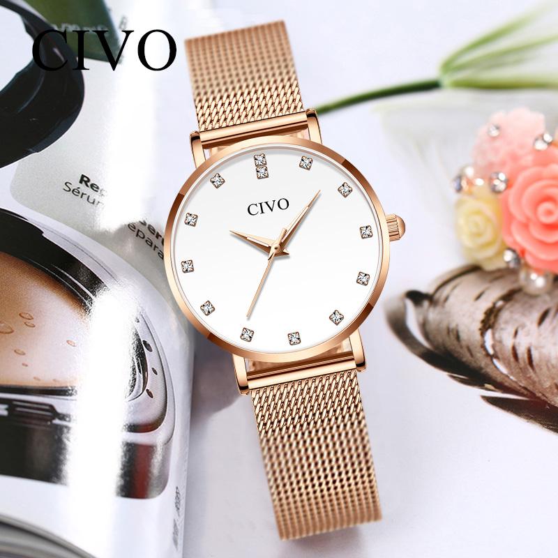 

Wristwatches CIVO Luxury Diamond Bracelet Watch Fashion Wrist Watches For Women Waterproof Slim Steel Mesh Ladies Quartz Clock, Mesh white 8055