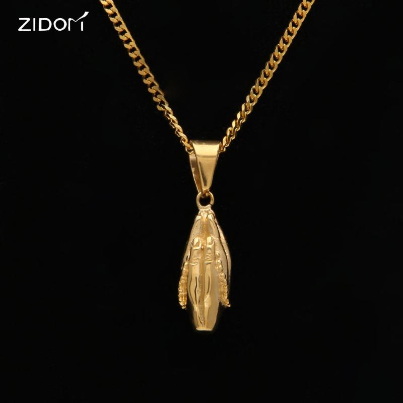 

Pendant Necklaces Gold Color Men Hiphop Prayer Hand Stainless Steel 24inch Long Cuban Link Chain Necklace Fashion Jewelry
