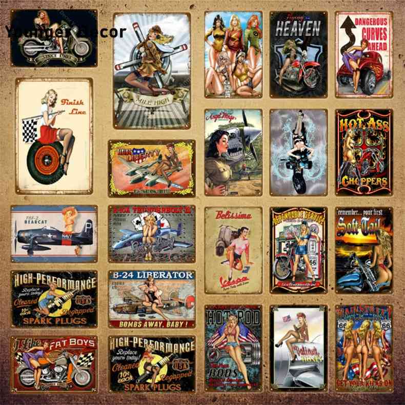 

Sexy Pin Up Girl With Heaven Motor Metal Poster Vintage Signs Iron Painting Bar Pub Garage Decorative Plaque Home Decor YI-160