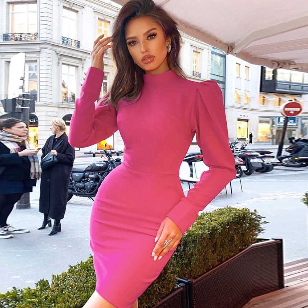 

Ocstrade Long sleeve Bandage Dress Arrival Draped Pink Bodyon Women Sexy Sleeve Club Party 210527, Black
