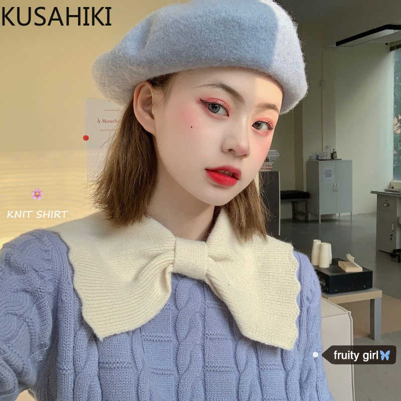 

Korean Hit Color Bowknot Twisted Sweater Long Sleeve O-neck Women Knitwear Spring Knitted Pull Jumpers 6F072 210603, Blue