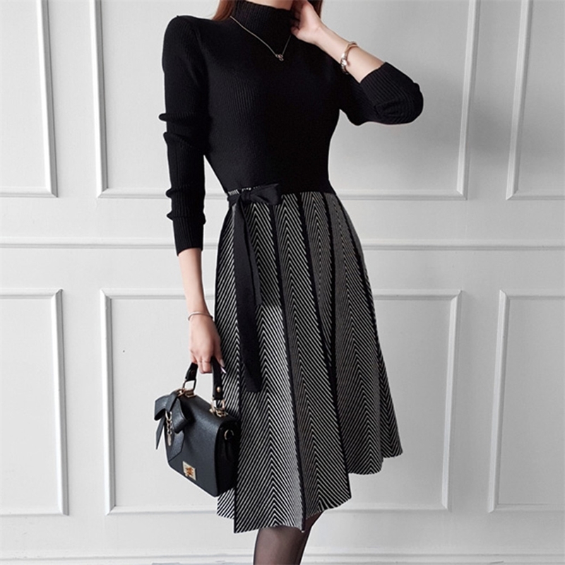 

Autumn Winter Women Vintage Turtleneck Full Sleeve Geometry Patchwork Knitted Sweater Dress Chic Big Swing Vestidos 210520, Photo color