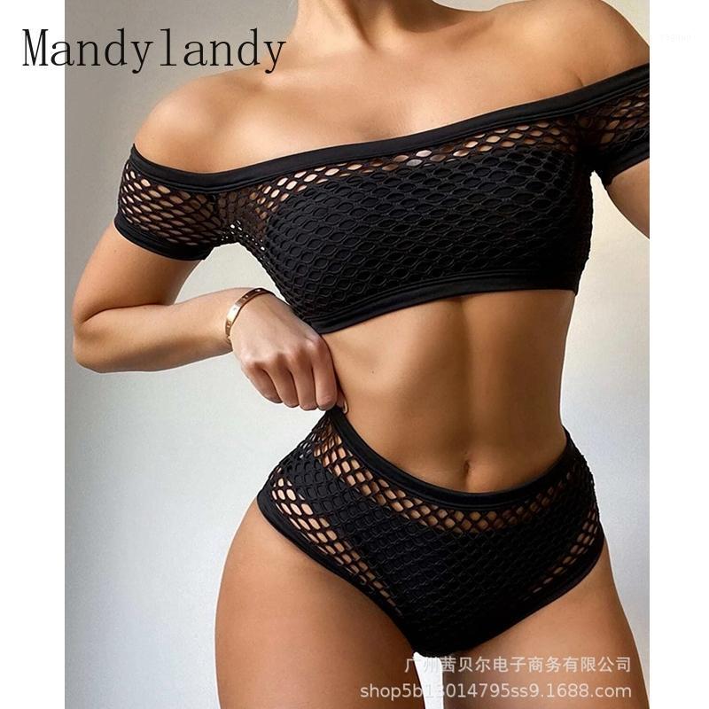 

Women' Swimwear Mandylandy Summer Strapless Short Sleeve Bra + Mid Waist Swim Trunks Set Solid Mesh Hollow Out Four-Piece Swimsuit, Black