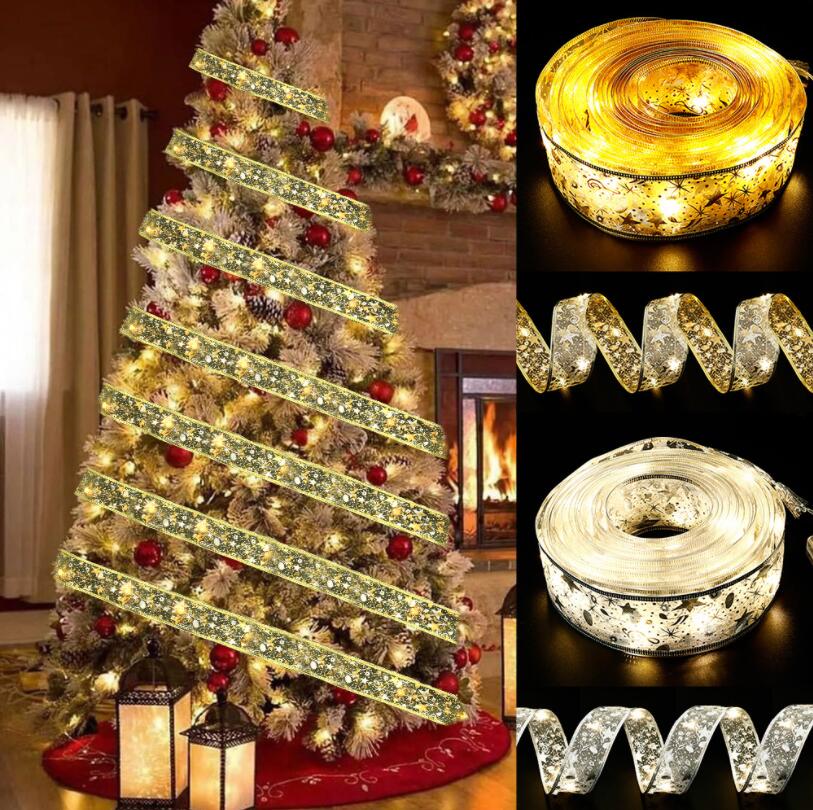 

2M/5M Christmas Double Layer Fairy Light Strings Silk Ribbon Xmas Riband With LED New Year Navidad Home Decorations