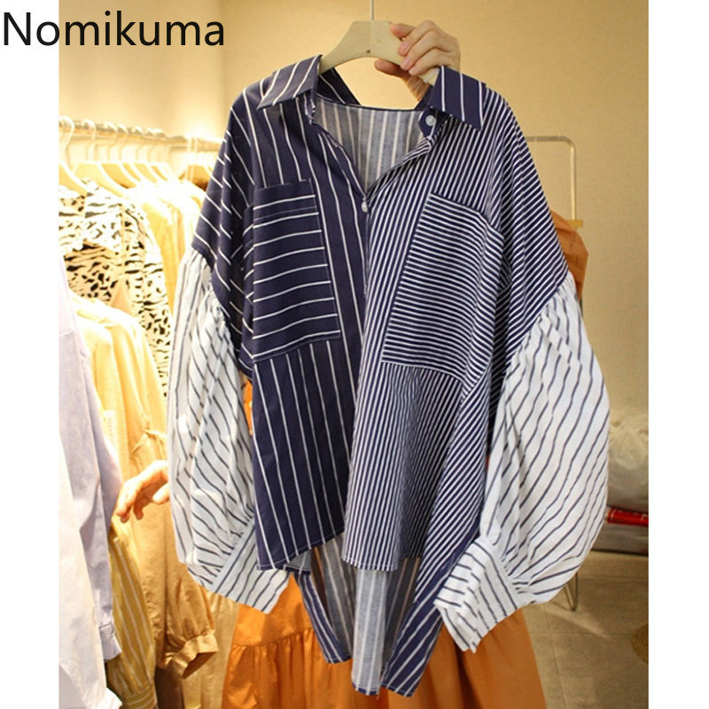 Nomikuma Causal Striped Women Shirts Blouses Korean Contrast Color Pockets Blusas Femme Spring New Loose Tops 6G386 210427