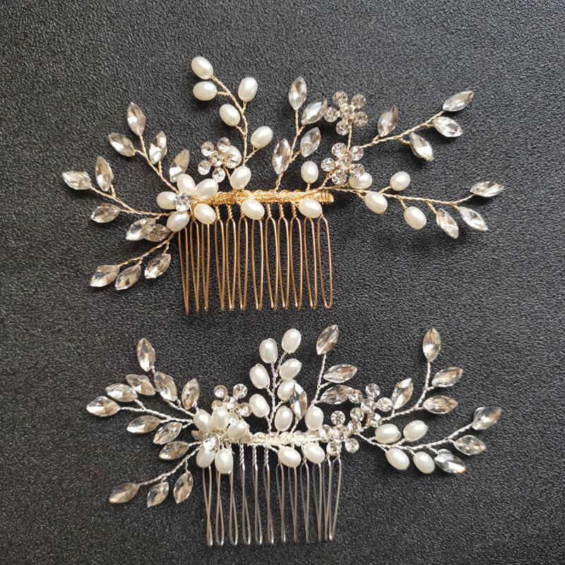 

Hair Clips & Barrettes SLBRIDAL Handmade Crystal Rhinestone Pearls Flower Wedding Jewelry Comb Bridal Headpiece Accessories Women, Golden;silver