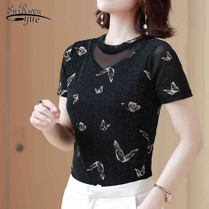 

Women Summer Short Sleeve Blouse Plus Size Spliced Mesh Tops Vintage Round Collar Fashion Elegant Camisetas 9159 50 210521, Picture