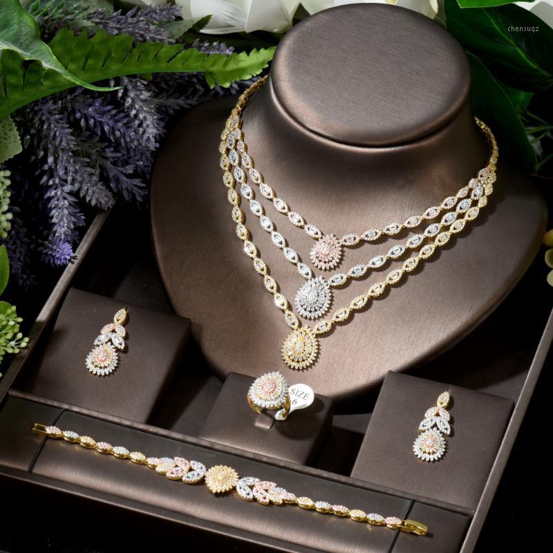 Earrings & Necklace HIBRIDE 3 Layers Necklaces Wedding Set For Women Accessories Water Drop Cubic Zirconia Bridal Jewelry Sets N-1790-image-745069026