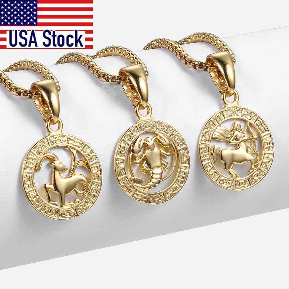 

12 Constellations Zodiac Sign Gold Pendant Necklace for Women Men Aries Leo 12 Horoscope Box Chain Gift