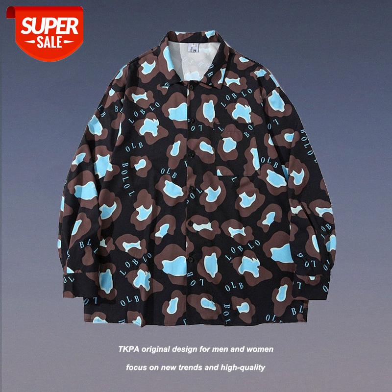 

TKPA Loose Leopard Print Digital Printed Long Sleeve Shirt Men and Women Couple Casual Top #JK6Q, White;black