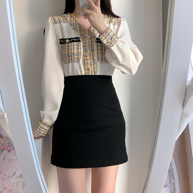 

2021 fashion Spring Autumn Vintage Korean Women Blouses Shirts Tweed Splicing Long sleeve Chiffon Shirt Female Casual Chic Tops, Same as picture