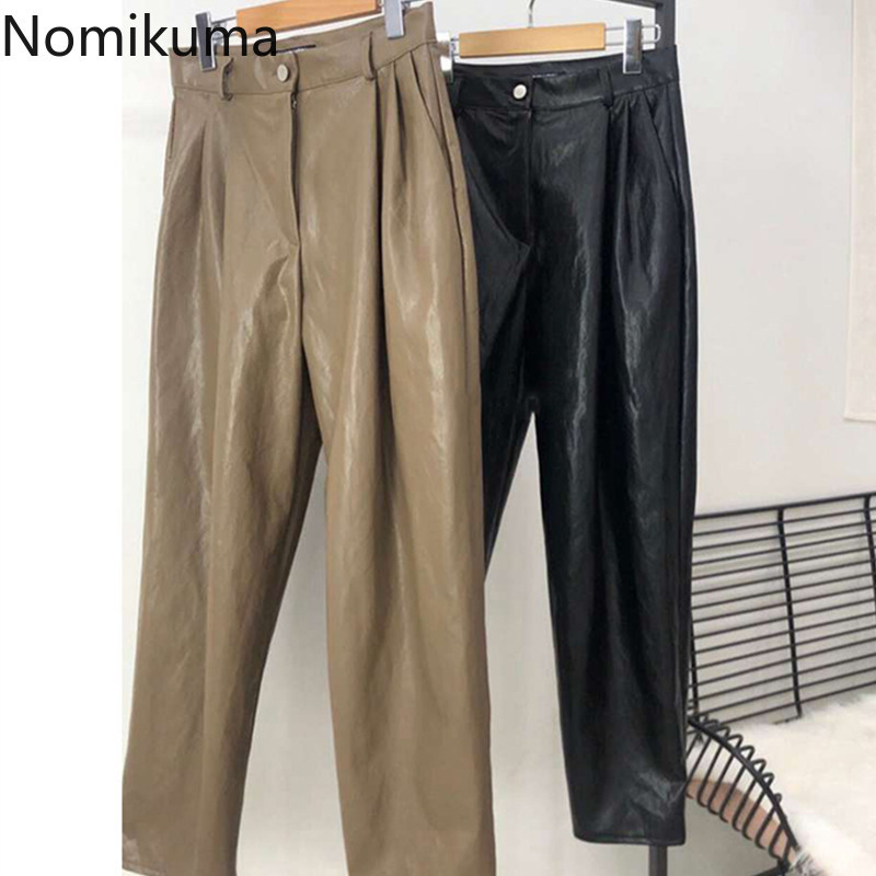 Nomikuma Spring Nuovi pantaloni in pelle PU coreana High Waist Eleganti pantaloni lunghi donne causali pantaloni dritti solidi Mujer 6E708 210427