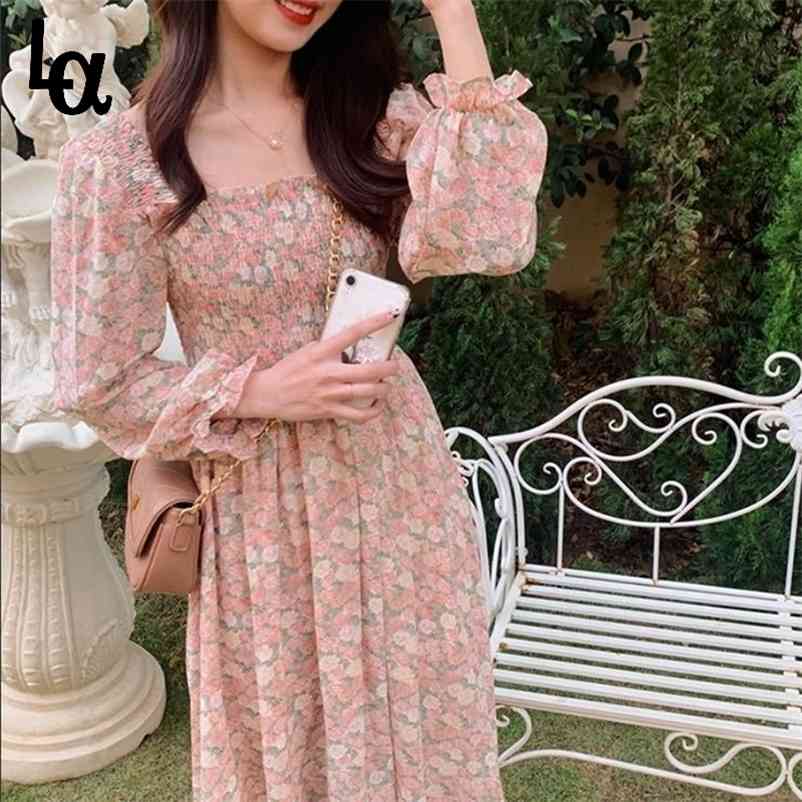 

Elastic Waist Summer Women Print Dress Sweet Floral Mid-length Slim Chiffon Casual Korean Beach Party 210519, Pink