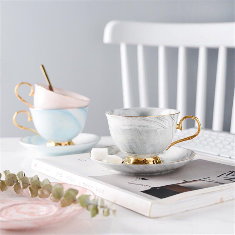 

Mugs Chic Marble Ceramic Coffee Cup Saucer Sets Fashion Drinkware Gold Plated Porcelain Tea Water Breakfast Morning Milk Can, Blue