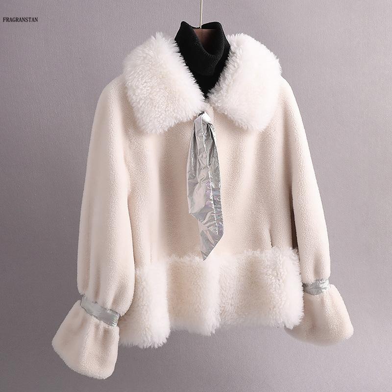 

Women' Fur & Faux 2021 Winter Jacket Fashion Wool Granule Cashmere Sheep Sheared Coat Female Short Composite One JQ1097, White