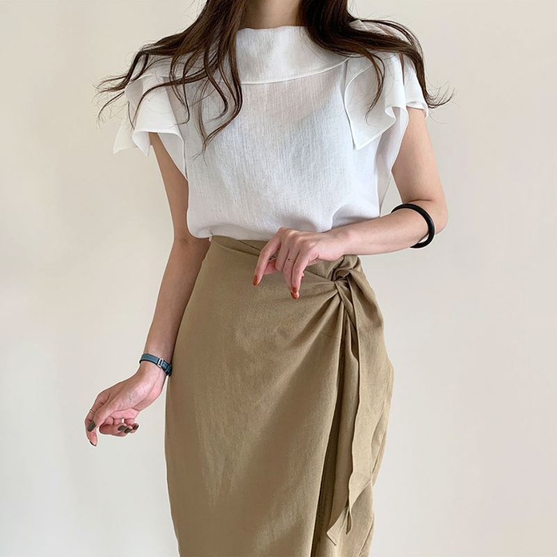 

Korean Summer Elegant Office Lady Two Piece Set Loose Flying Sleeve Blouses and Lacing Irregular Long Skirt Suits 210525, Black
