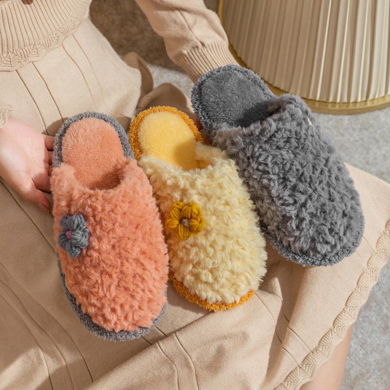 

Slippers Fabric Plush Cotton Women's Winter Household Warmth Simple Couples Home Men's Shoes, Brown