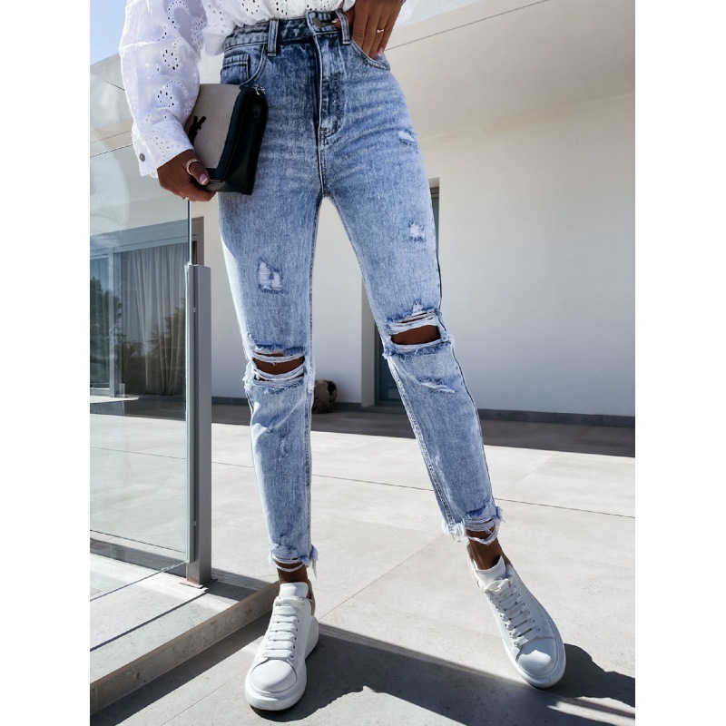 

jeans women's in 2021 wear slim wash hole show thin capris, Blue