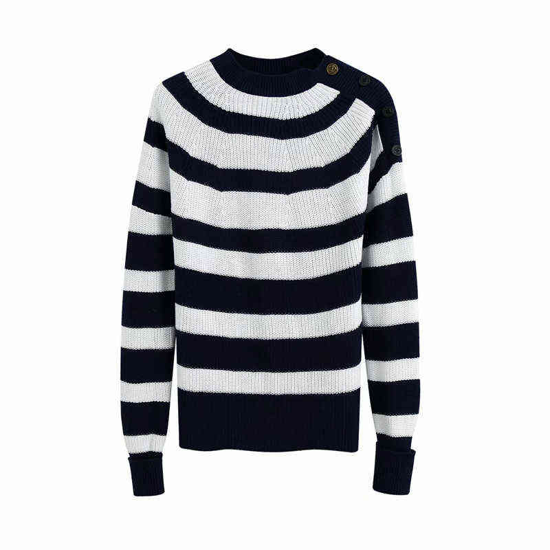 

Evfer Women Casual Blue Striped Knitted Za Pullover Sweaters Girls Fashion Shoulder Button Long Sleeve Sweater Chic Lady Jumpers Y1110