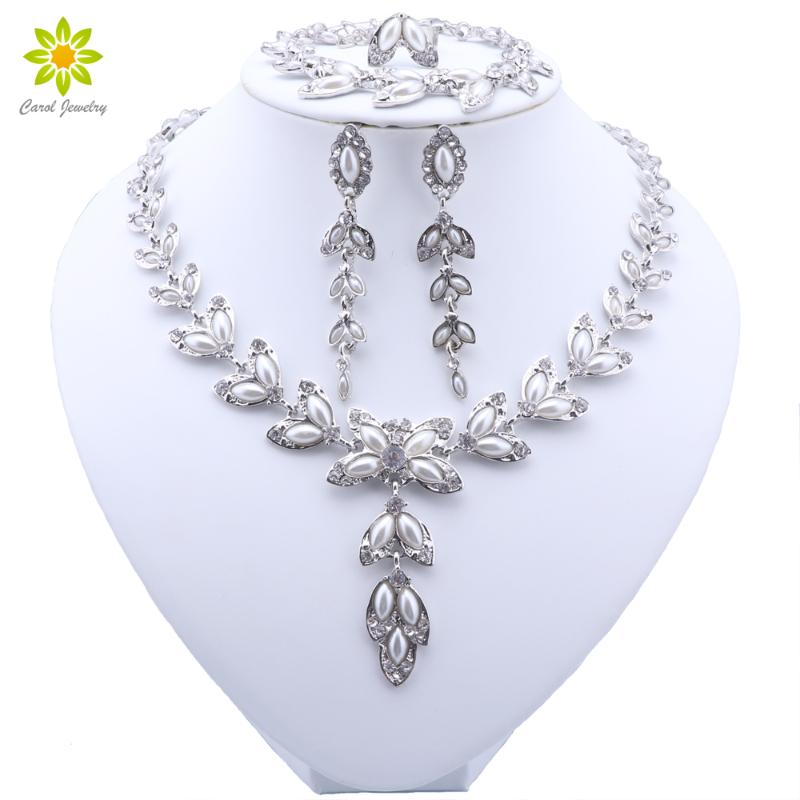 Earrings & Necklace Dubai Luxury Pearl Jewelry Set For Women Brides Crystal Bracelet Ring Sets Silver Plated Jewellery