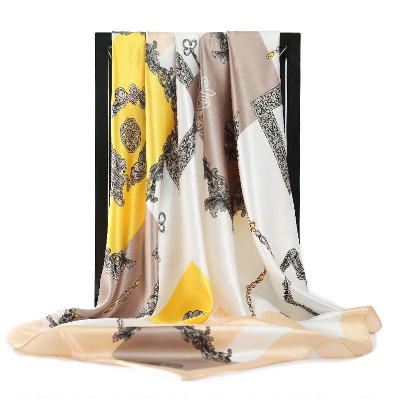 

Scarves 2021 Female Sunscreen Silk Autumn Fashion Square Towel Korean Style Chain Dustproof Kerchief Luxury Print 90X90CM Shawls