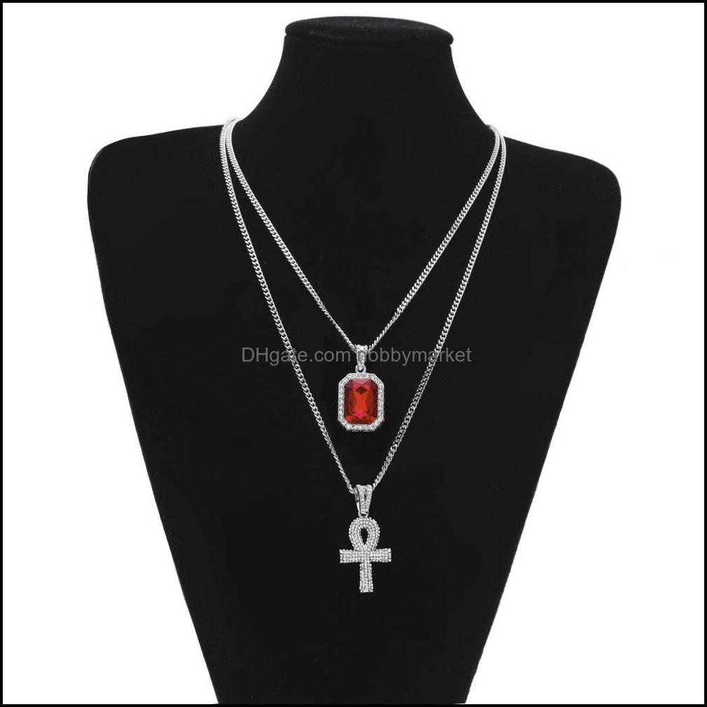 

Pendant Necklaces & Pendants Jewelry Iced Out Egyptian Ankh Key Of Life Necklace Set Bling Cross Mini Gemstone Gold Sier Chain For Mens Hip