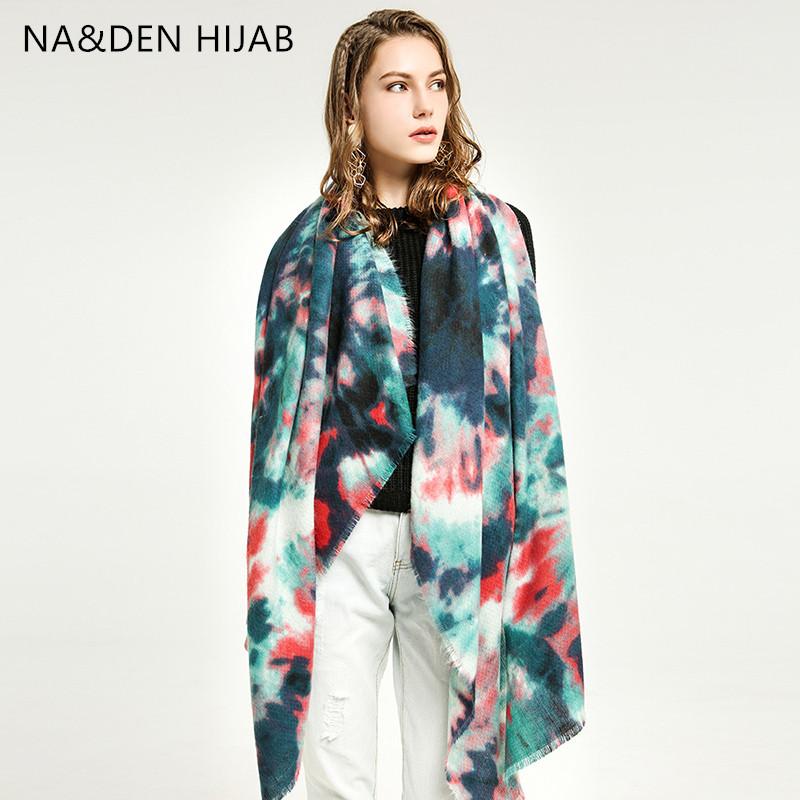 

Scarves 1PCS Acrylic Islamic Scarf Winter Solid Shalws Muslim Hijab Flower Printing Long Muffler Hi-Q Lady Wraps, Blue;gray